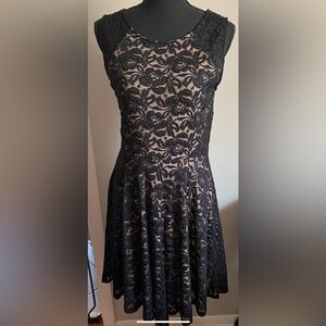 Lace Midi Dress - Tan Slip with Black Lace Overlay